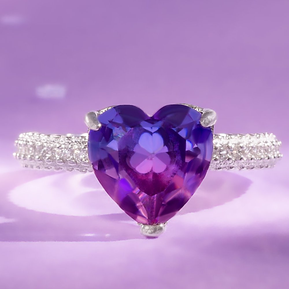 Pink & Purple Heart Gemstone Ring, 925 Sterling Silver Charmed Aroma
